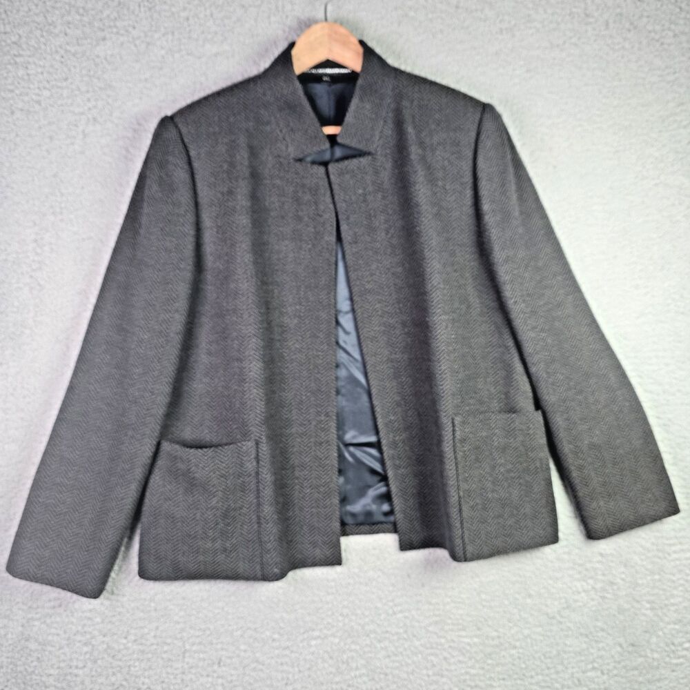 Linda Allard Ellen Tracy Womens Open Blazer 12 Gray Chevron Wool Standing Notch
